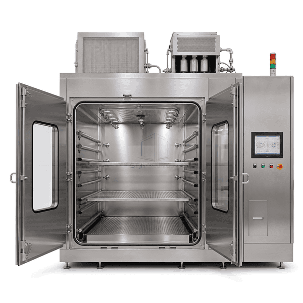 Wide cart-size VHP transfer chamber with open doors and catalytic air handling