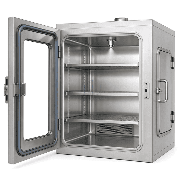 Complete VHP transfer chamber with open door showing gasket, nozzle and return interfaces