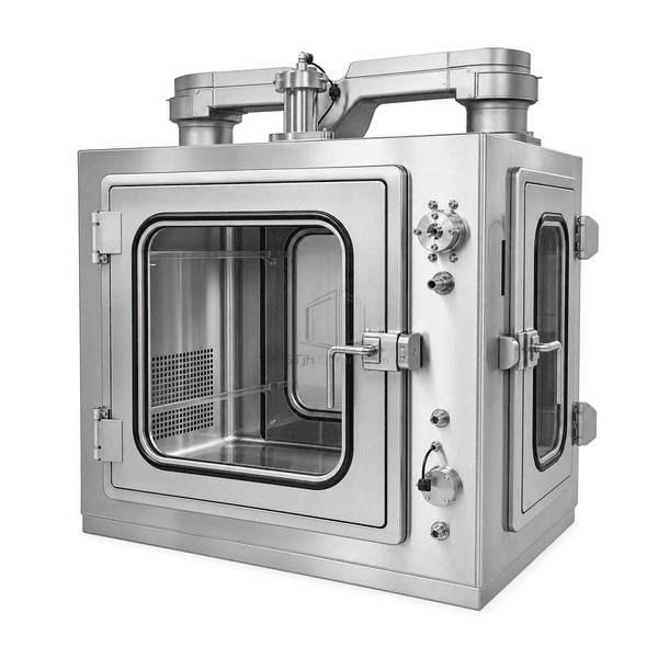 Double-door VHP transfer chamber side view showing airflow ducts and sensor ports