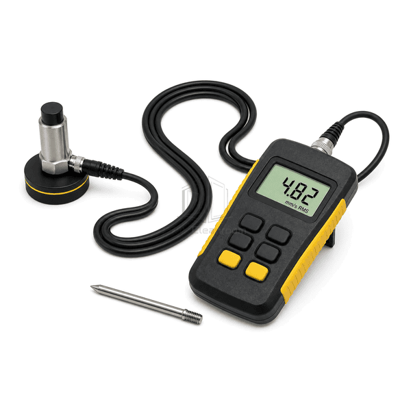 Vibration meter horizontal full-kit view with complete coiled cable, magnetic-base sensor and separate contact probe