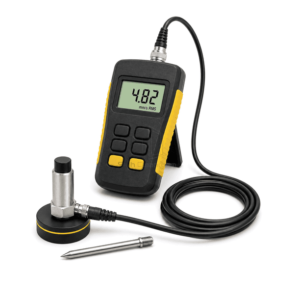 Vibration meter sensor-interface view showing external accelerometer, threaded magnetic base and stainless contact-probe attachment
