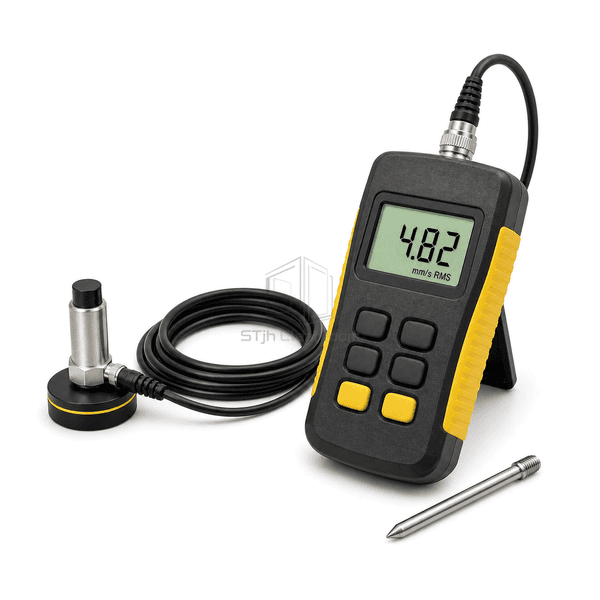 Vibration meter right-side view showing yellow grip, sensor connector, coiled cable and stainless accelerometer
