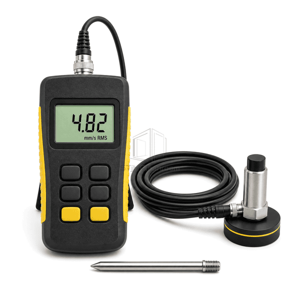 Vibration meter front view showing six-button keypad, coiled sensor cable and single magnetic-base accelerometer