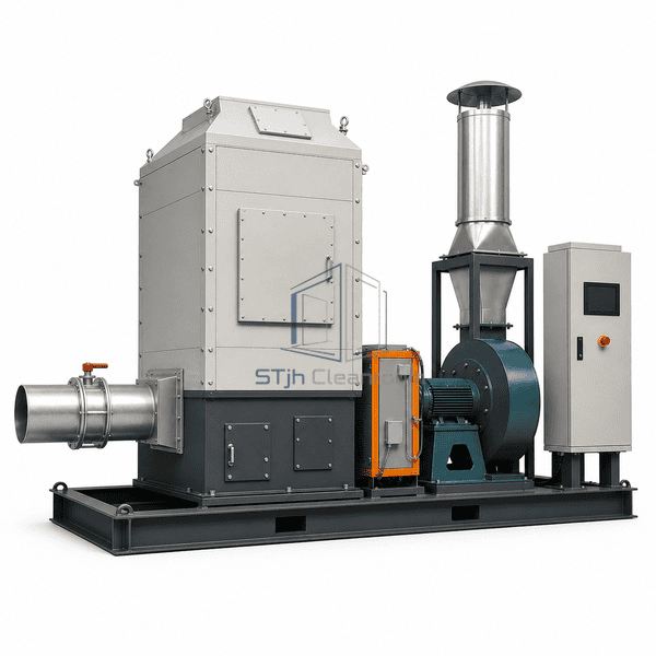 VOC exhaust treatment unit complete low opposite-side view emphasizing the flanged inlet, isolation damper and heater interface