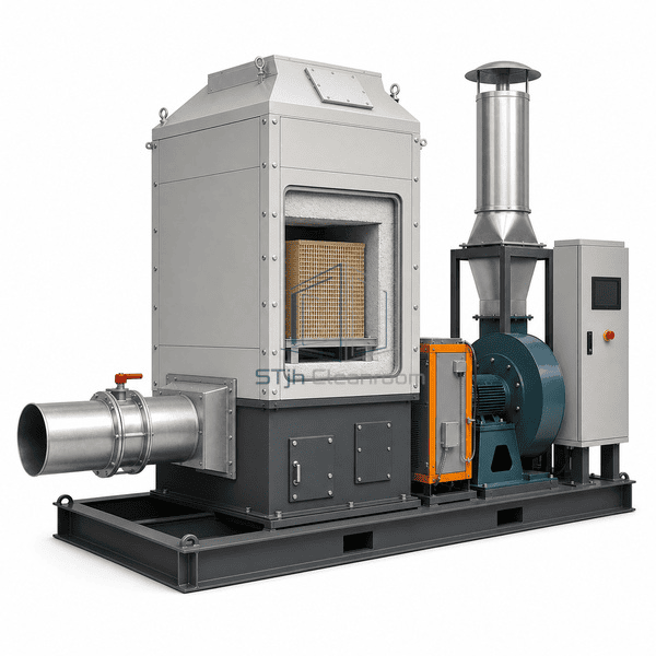 VOC exhaust treatment unit complete side cutaway emphasizing the regenerative ceramic bed and insulated casing layers