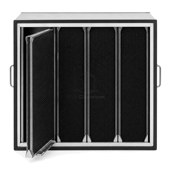 Close view of VOC filter gasket retaining mesh and carbon granules