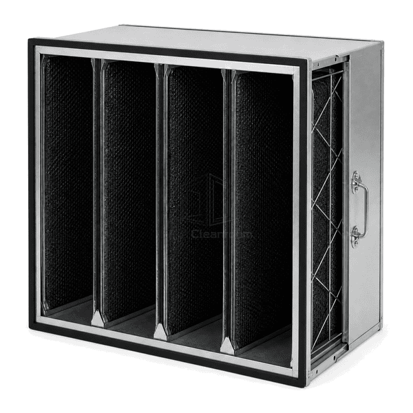 Side cutaway showing deep black activated carbon bed