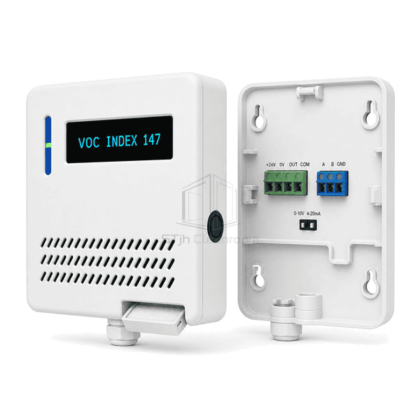 Rear three-quarter view of the entire VOC sensor with filtered airflow opening, removable vent insert and signal terminal clearly exposed