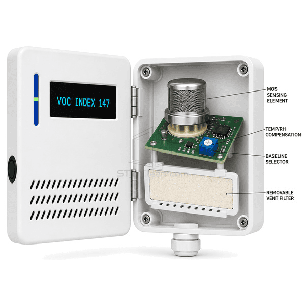 Side view of ventilated VOC housing and metal-oxide sensing chamber