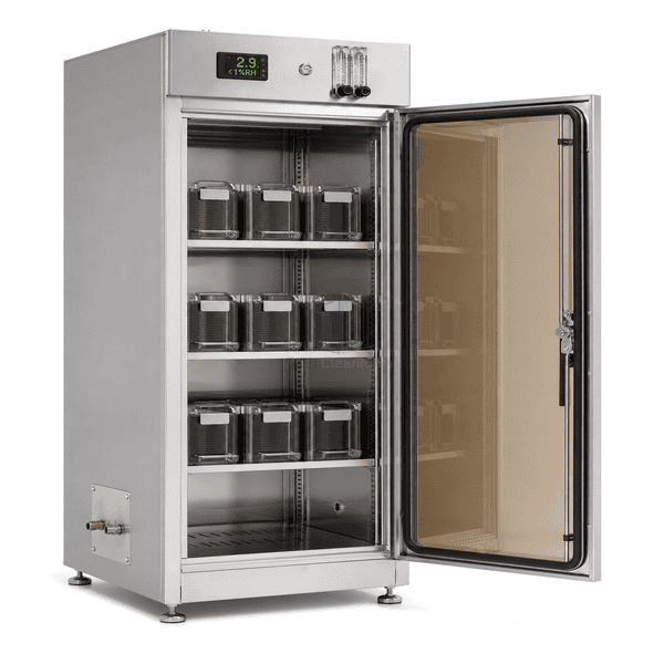 Complete wafer dry storage cabinet with open door and cassette rack interface