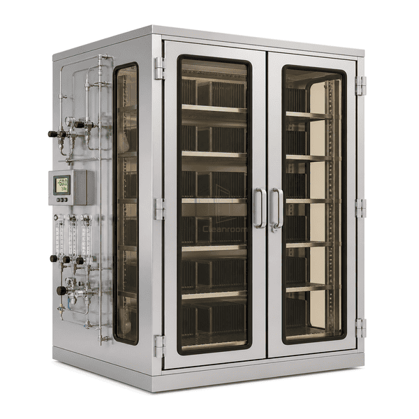 Wafer dry storage cabinet side view showing purge manifold and chamber depth