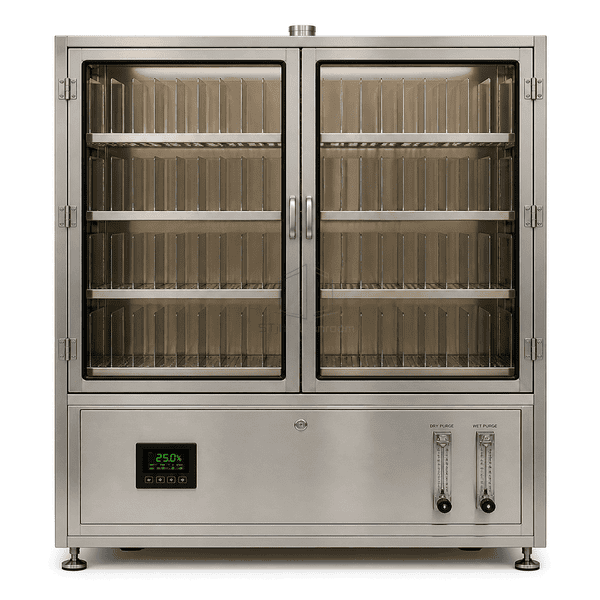 Wafer dry storage cabinet full front view showing organized cassette dividers