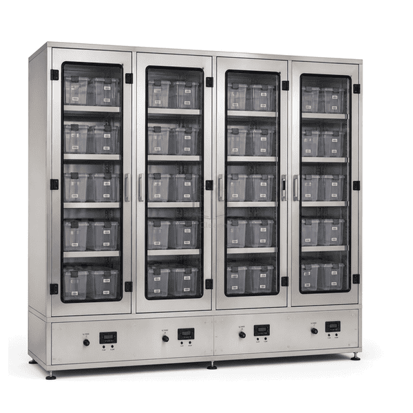 Wide multi-bay wafer storage cabinet with adjustable wafer-box shelves