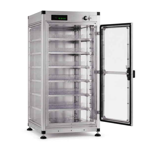 Complete wafer storage cabinet with open gasketed chamber door and shelf interface