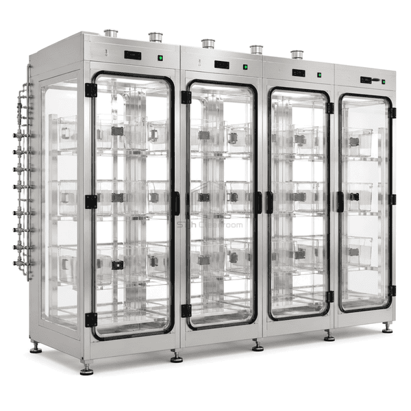 Wafer storage cabinet side view showing depth and nitrogen purge manifold