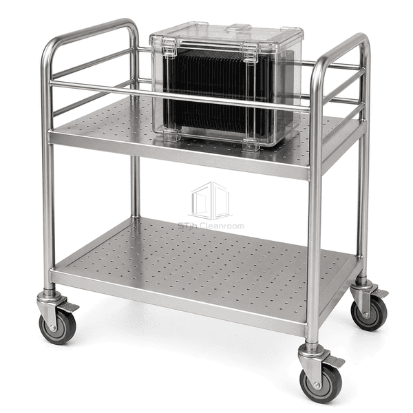 Complete wafer transfer cart highlighting retaining rail and caster structure