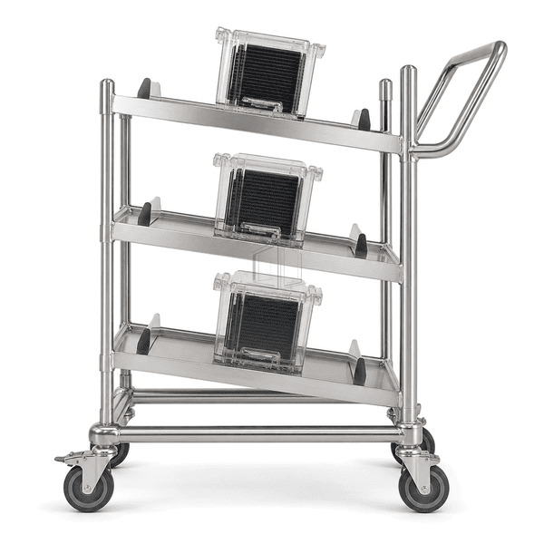Wafer transfer cart side view showing angled shelves and push handle