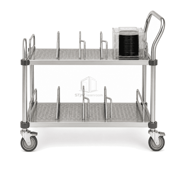 Wafer transfer cart full front view showing perforated shelves and locking casters