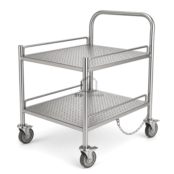 Wafer cart structural view showing round-tube frame shelf rails and caster mounts