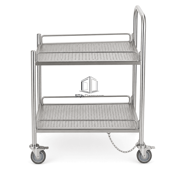 Wafer box transport cart side elevation showing retained shelves and handle