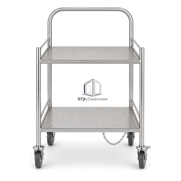 Stainless wafer transport cart straight front view showing two perforated shelves