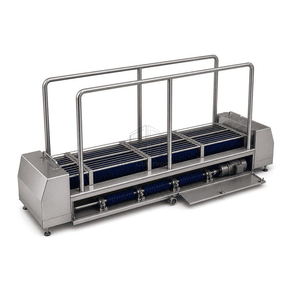 Side view of sole cleaner showing rotating brushes and drain pan