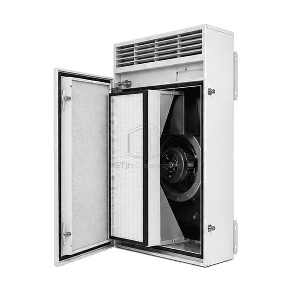 Cutaway side view showing prefilter EC fan HEPA cassette and wall bracket