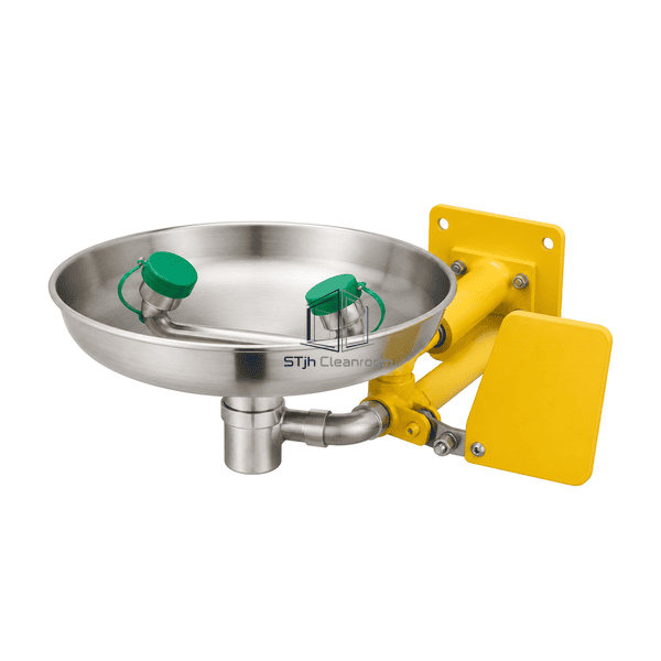 Complete horizontal presentation of the wall eyewash bowl, nozzle bar and drain tailpiece