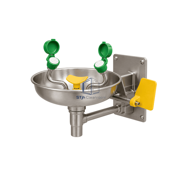 Complete rear interface view of the wall-mounted eyewash showing bracket, inlet and waste connections