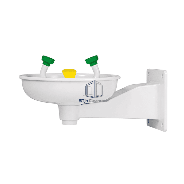 Side view of the wall-mounted eyewash showing receptor projection and support bracket