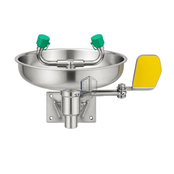 Front view of the compact wall eyewash showing push flag and balanced flushing nozzles