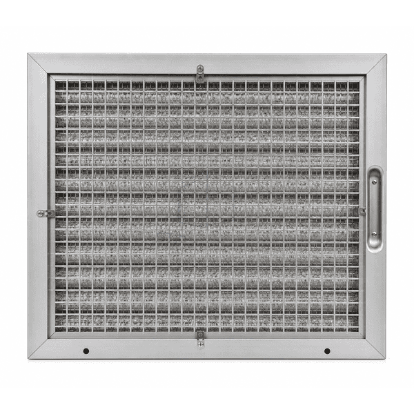 Straight rear service view of the aluminum mesh filter with retaining grid clips side handle and drain holes