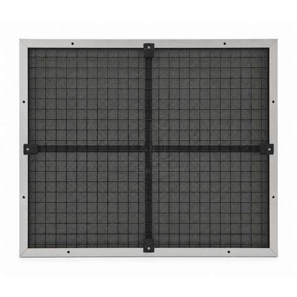 Straight rear service view of the nylon mesh pre-filter with coarse support screen retaining clips and cleaning openings