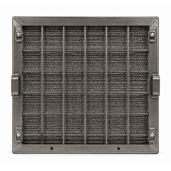 Straight rear service view of the steel mesh filter with toggle clips side handles and bottom drain holes