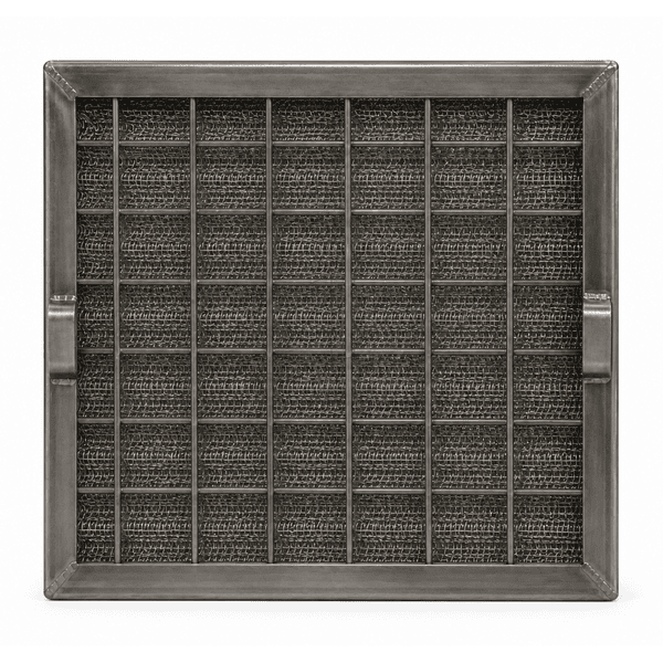 Front view of galvanized crimped wire media and expanded-metal guard