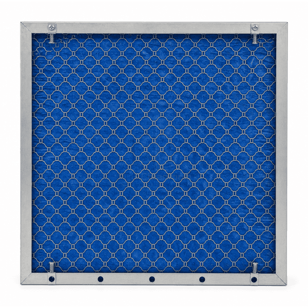 Rear service view of the blue washable media retaining mesh spring clips and drain holes