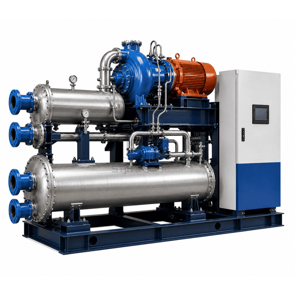 Complete horizontal water-cooled chiller on structural skid