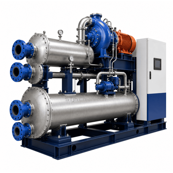 Close view of water box tube bundle and insulated chilled-water connection