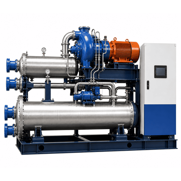Front control-side view of an indoor water-cooled chiller