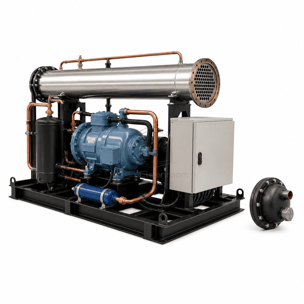Water-cooled condenser with end cover removed to expose the tube sheet