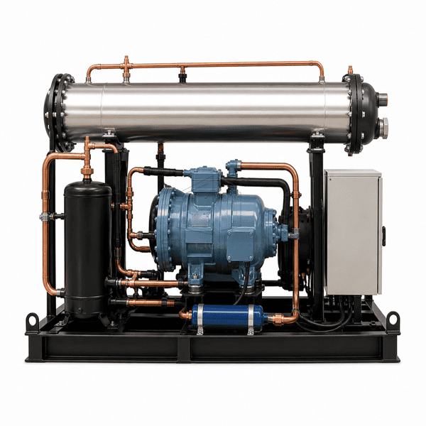 Side elevation of the same water-cooled condensing unit skid