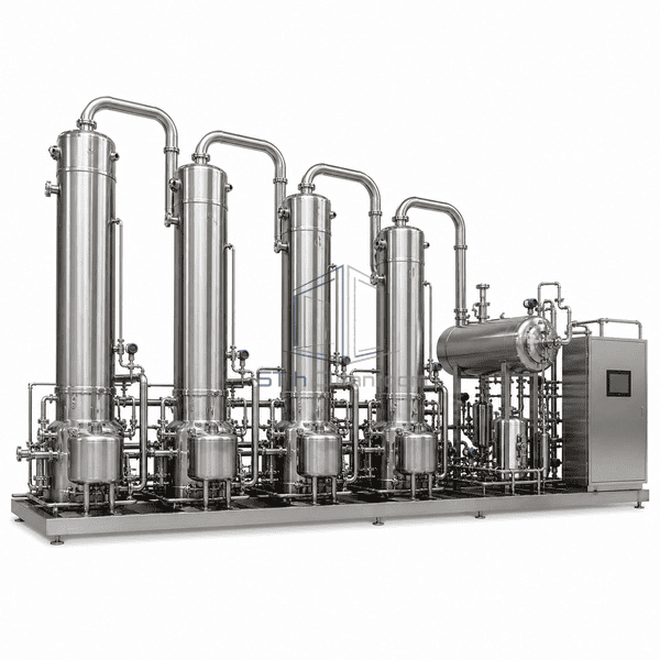Horizontal Water for Injection distillation and energy recovery train