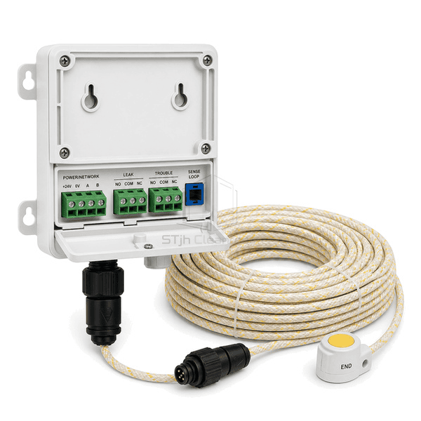 Rear three-quarter view of the entire leak kit with supervised cable connector, braided sensing rope and leak-trouble relay terminals clearly exposed