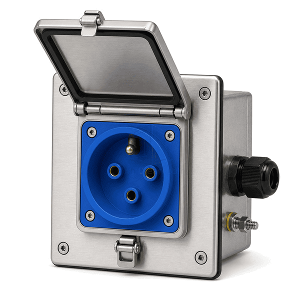 Side profile showing cover gasket, hinge and recessed rear box
