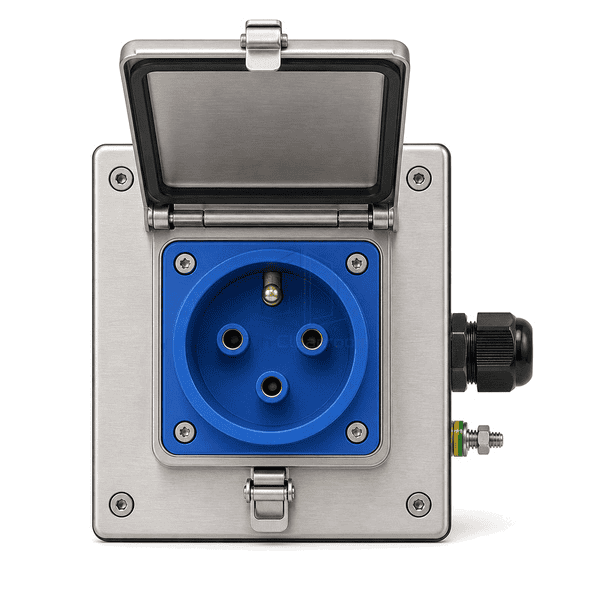 Front view with the cover open to show the color-coded receptacle