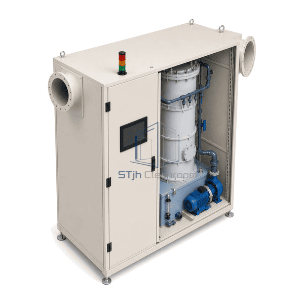Wet gas scrubber complete elevated rear-left view emphasizing raw-gas inlet, clean-gas outlet and compact duct routing