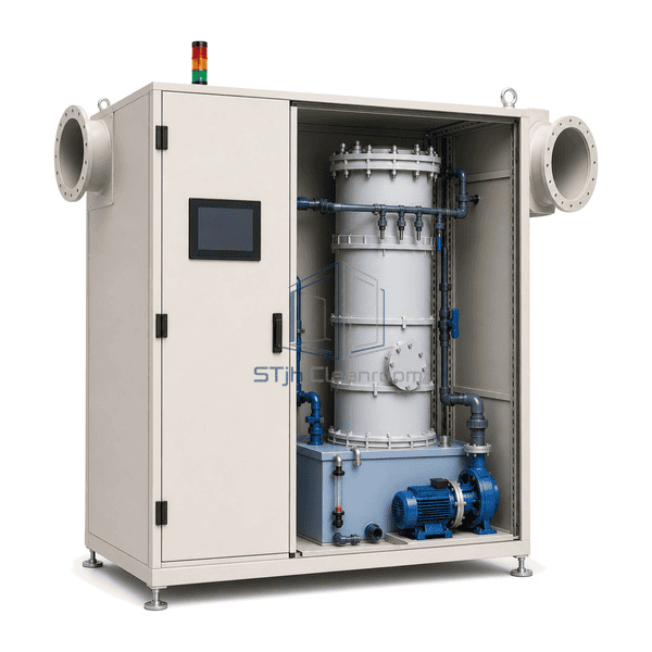 Wet gas scrubber complete low front-right view emphasizing pump suction, discharge, tank union and spray-loop connections