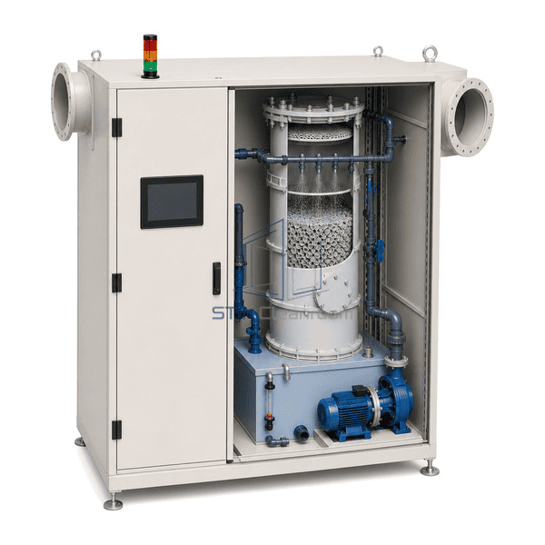 Wet gas scrubber complete right-side service view revealing the packed column, spray header, demister, tank and circulation pump