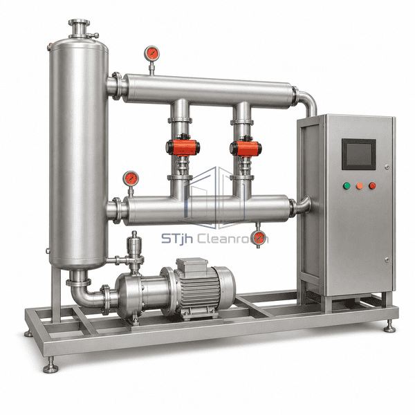 WFI distribution loop side view showing sanitary heat exchanger