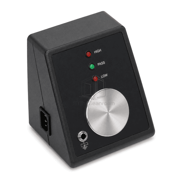 Elevated overhead view of complete wrist strap resistance tester and control panel